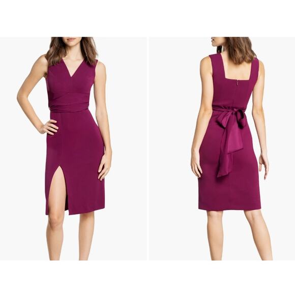 Dress the Population Alessia Tie Waist Crepe fitted cocktail Dress dark magenta - Picture 1 of 12